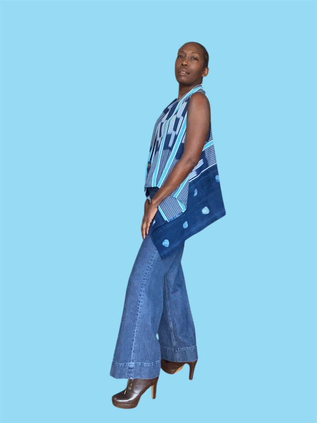Handwoven Indigo Cascade Vest, Baoulé and Mossi African Textile, (Sky Rhythm)