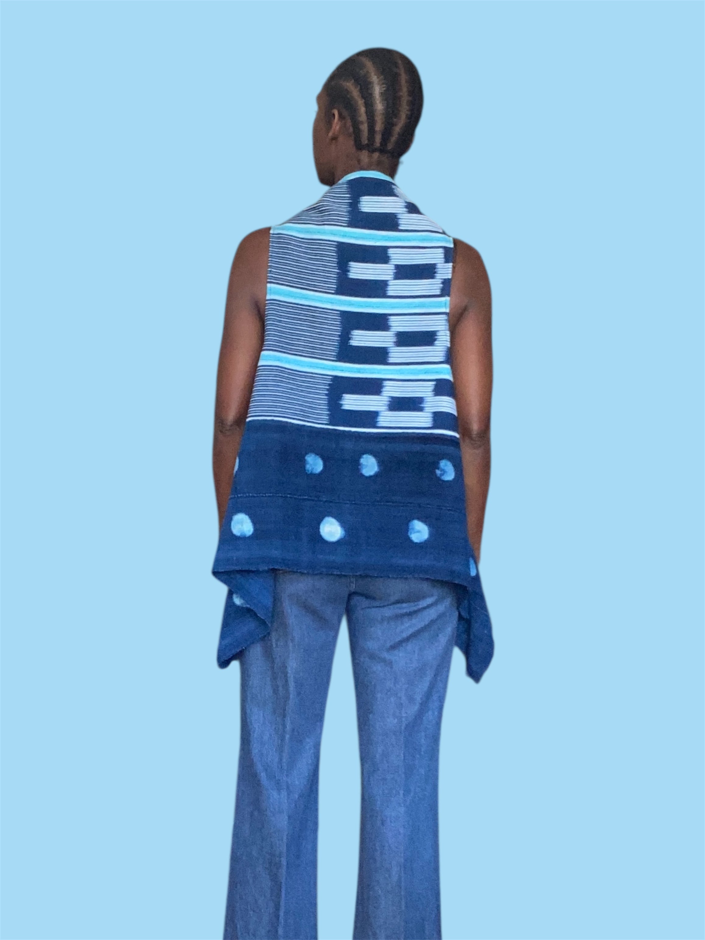 Handwoven Indigo Cascade Vest, Baoulé and Mossi African Textile, (Sky Rhythm)