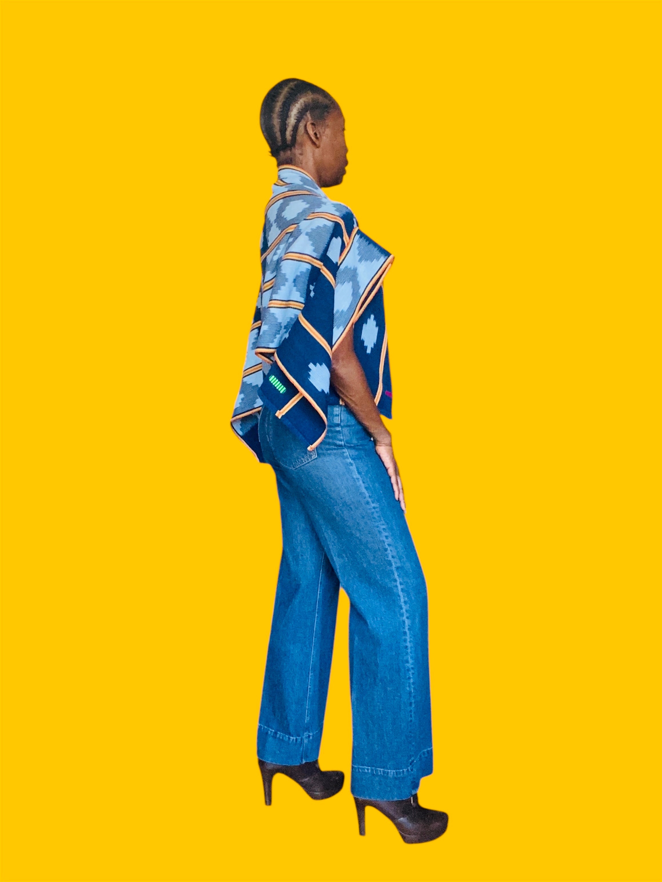 Aina Shrug in Baoulé Cloth – Handwoven Bolero with Sleeves | Ayo & Aye | Indigo Horizon