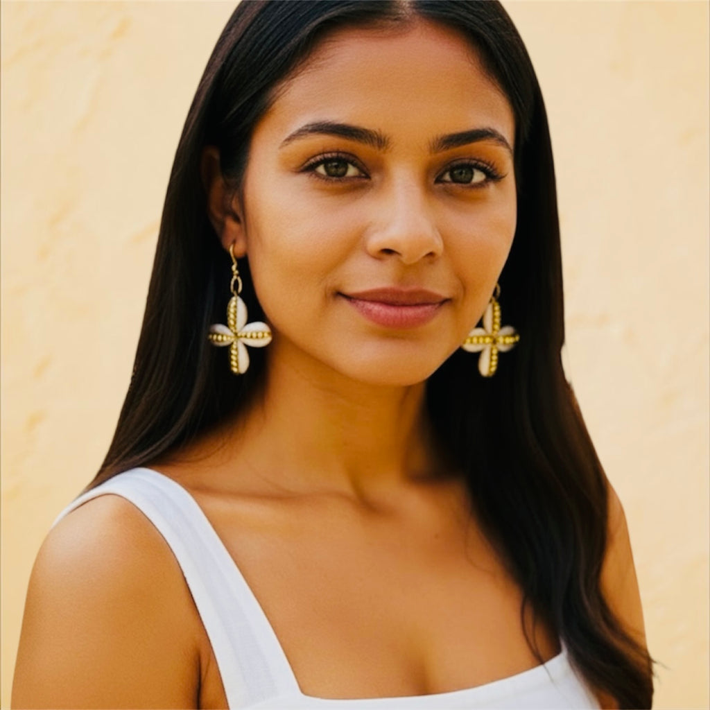 Cowrie Shell Flower Earrings with Black Beads – African Artisan Jewelry | Ayo & Aye