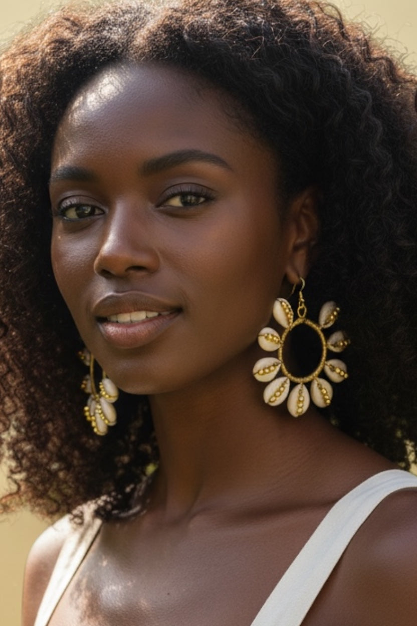 Beaded Cowrie Shell & Brass Hoop Earrings – African Heritage Jewelry | Ayo & Aye