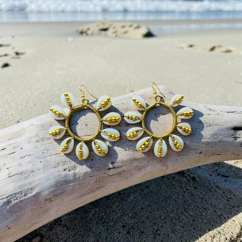 Beaded Cowrie Shell & Brass Hoop Earrings – African Heritage Jewelry | Ayo & Aye