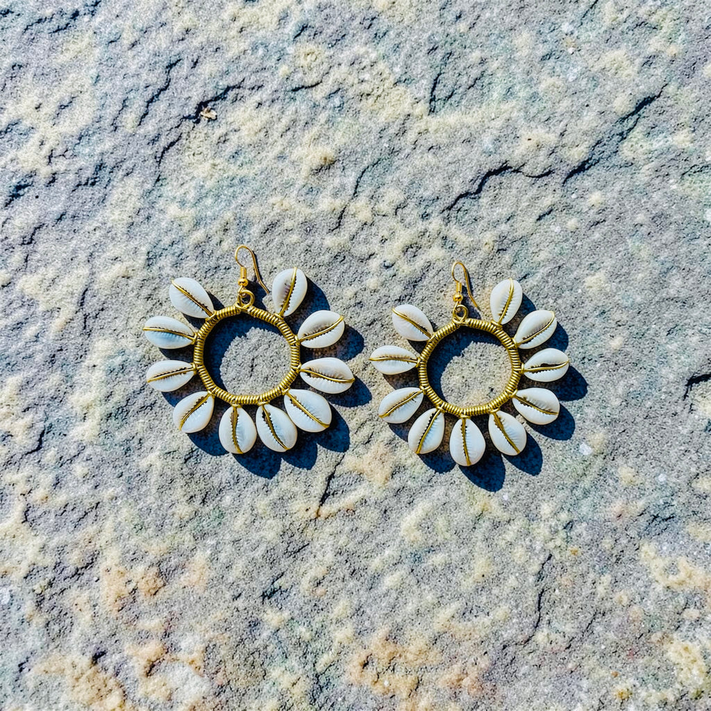 Classic Cowrie Shell Brass Hoop Earrings – African Heritage Jewelry | Ayo & Aye