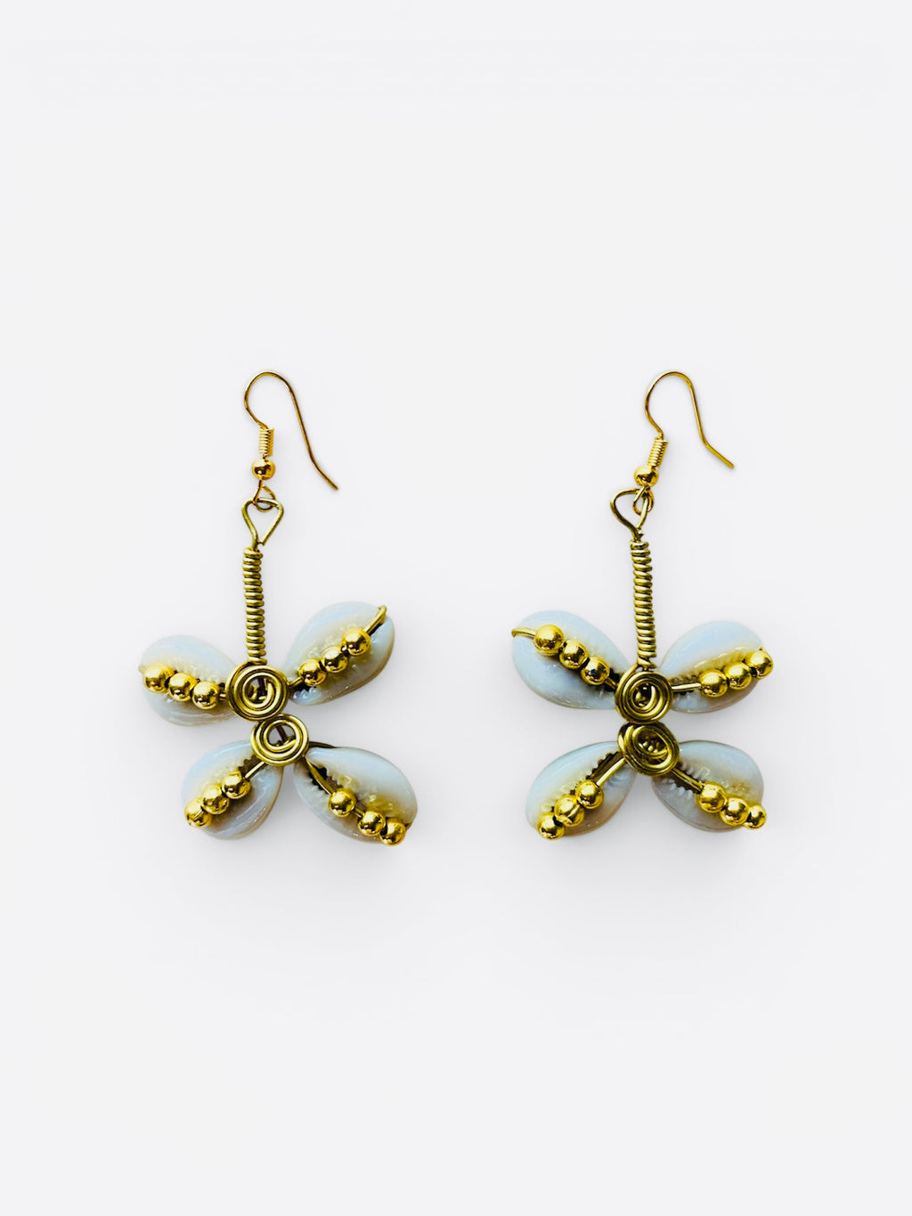 Cowrie Shell Flower Earrings with Brass Beads – African Artisan Jewelry | Ayo & Aye