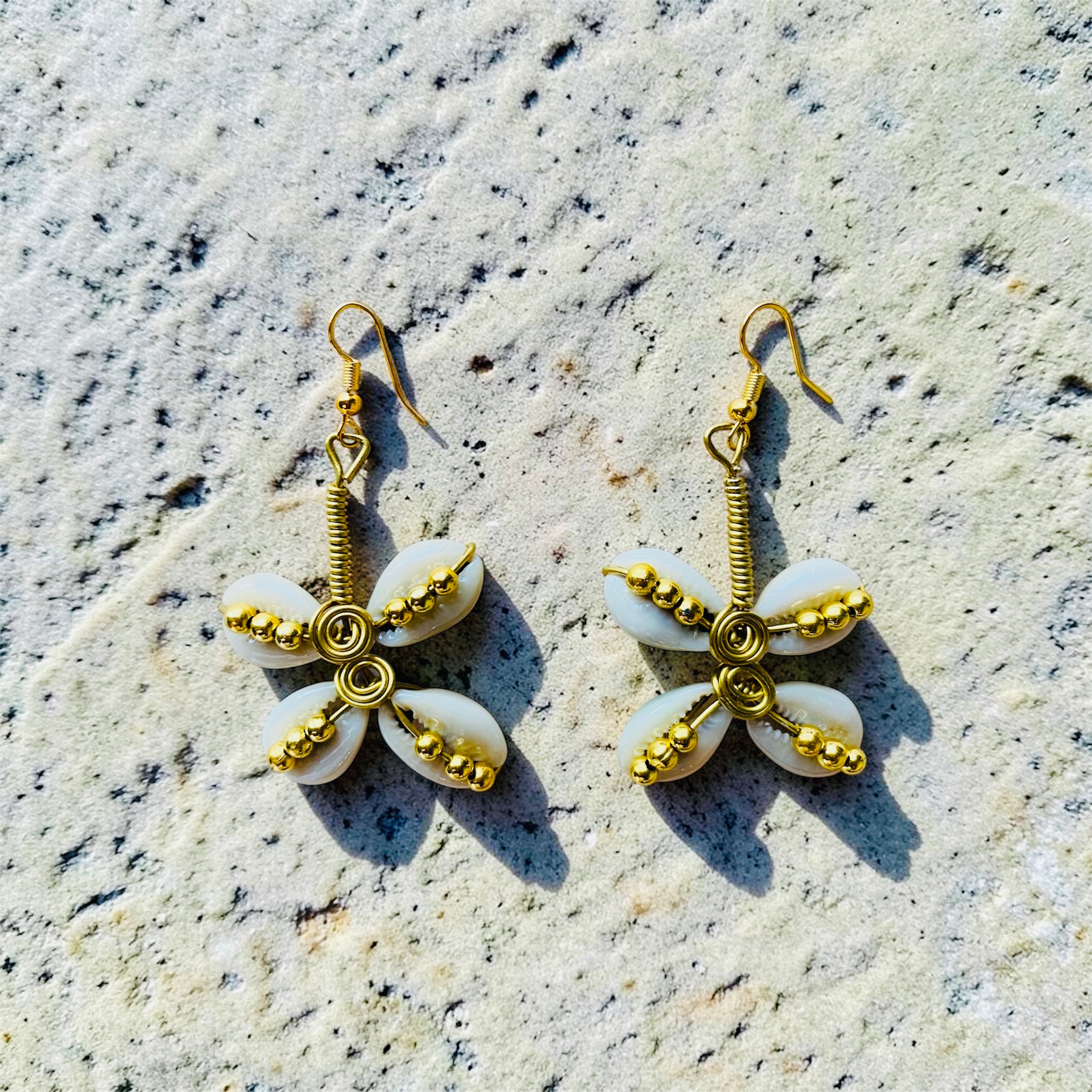 Cowrie Shell Flower Earrings with Brass Beads – African Artisan Jewelry | Ayo & Aye