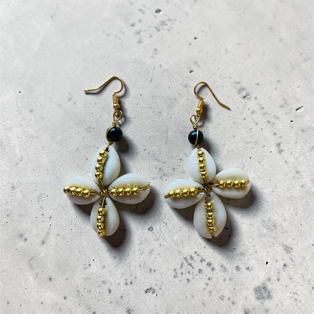 Cowrie Shell Flower Earrings with Black Beads – African Artisan Jewelry | Ayo & Aye