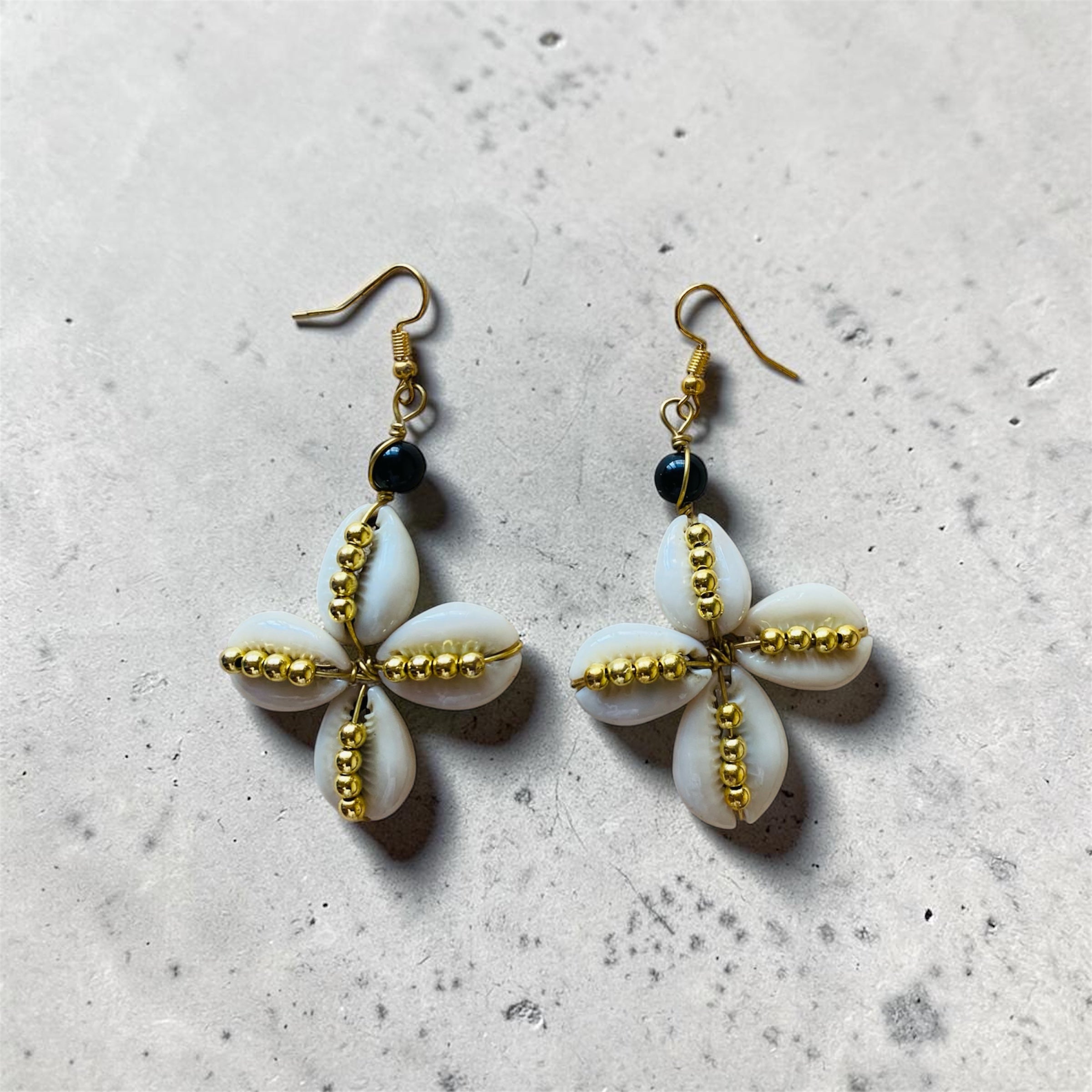 Cowrie Shell Flower Earrings with Black Beads – African Artisan Jewelry | Ayo & Aye