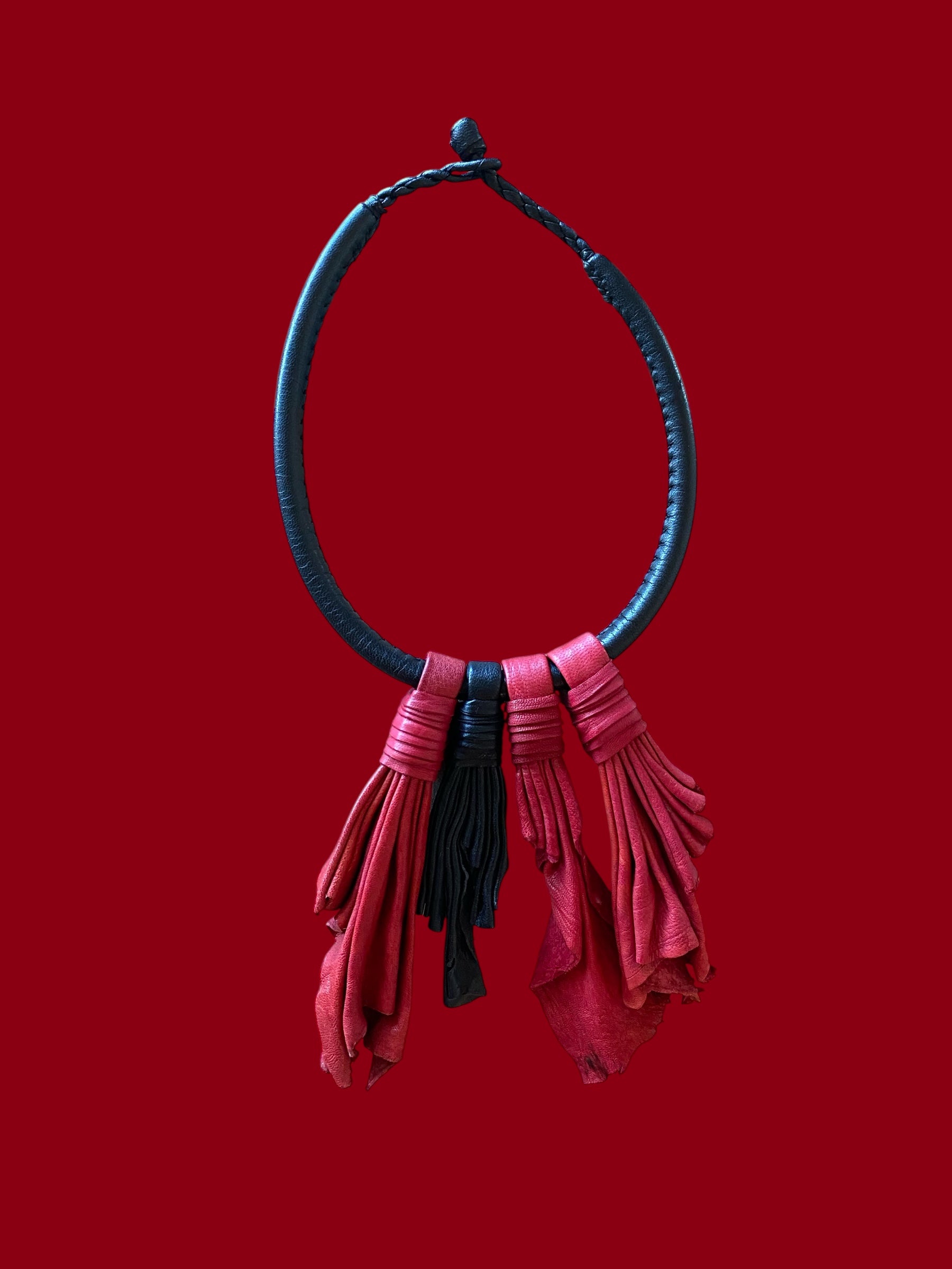 Black and Red Rosette Leather Statement Necklace – Handcrafted African Jewelry | Ayo & Aye
