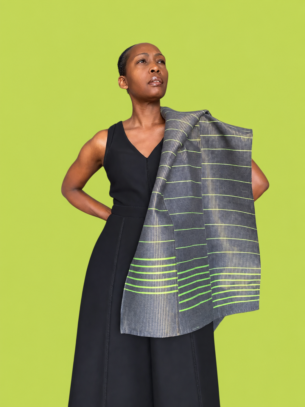 Manjak Handwoven Shawl | Bleenj Cloth| Charcoal and Lime | Ayo & Aye